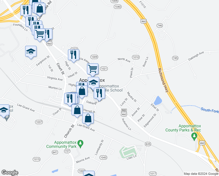 map of restaurants, bars, coffee shops, grocery stores, and more near 148 Patricia Anne Lane in Appomattox