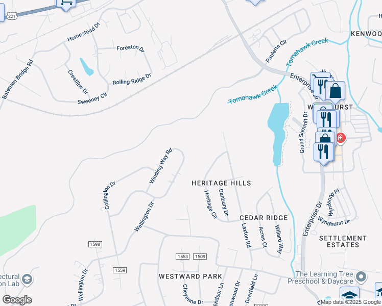 map of restaurants, bars, coffee shops, grocery stores, and more near 535 Winding Way Road in Lynchburg
