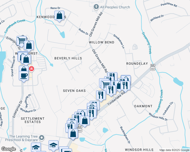 map of restaurants, bars, coffee shops, grocery stores, and more near 196 Salisbury Circle in Lynchburg