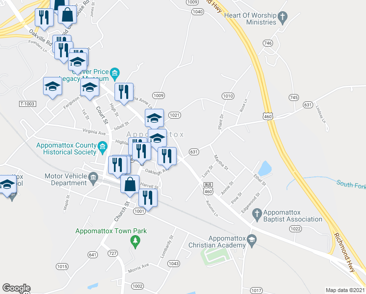 map of restaurants, bars, coffee shops, grocery stores, and more near 154 Patricia Anne Lane in Appomattox