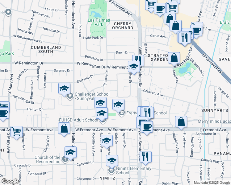 map of restaurants, bars, coffee shops, grocery stores, and more near 583 Utica Court in Sunnyvale
