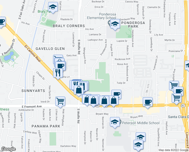 map of restaurants, bars, coffee shops, grocery stores, and more near 994 Ponderosa Avenue in Sunnyvale