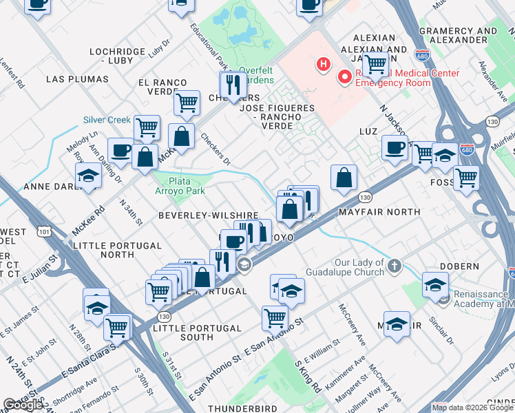map of restaurants, bars, coffee shops, grocery stores, and more near 94 Basch Avenue in San Jose