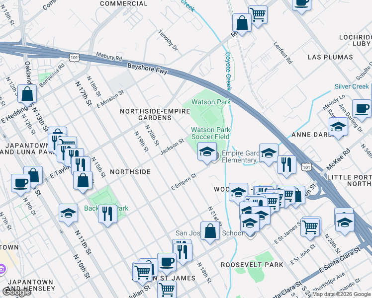 map of restaurants, bars, coffee shops, grocery stores, and more near 568 North 21st Street in San Jose