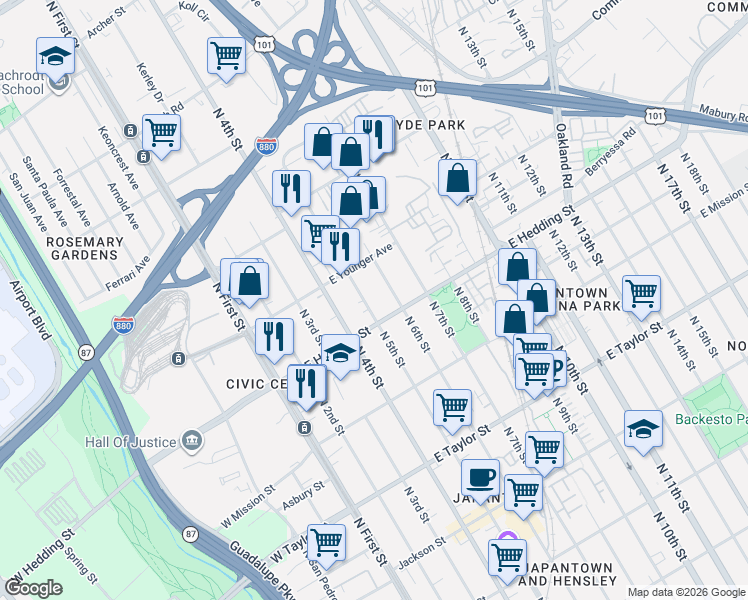 map of restaurants, bars, coffee shops, grocery stores, and more near 916 North 5th Street in San Jose