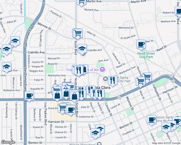map of restaurants, bars, coffee shops, grocery stores, and more near 1800 Warburton Avenue in Santa Clara