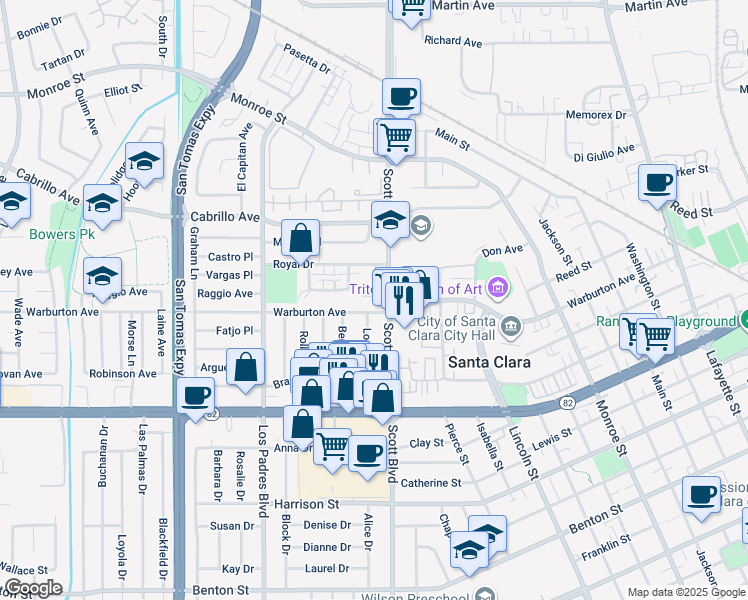 map of restaurants, bars, coffee shops, grocery stores, and more near 2055 Warburton Avenue in Santa Clara