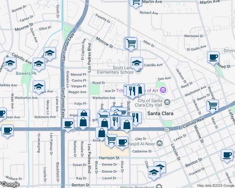 map of restaurants, bars, coffee shops, grocery stores, and more near 2055 Warburton Avenue in Santa Clara