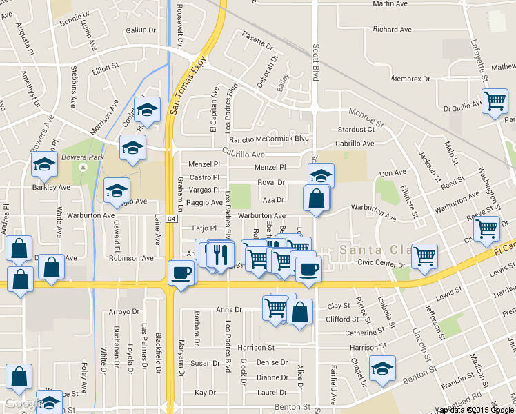 map of restaurants, bars, coffee shops, grocery stores, and more near 2247 Warburton Avenue in Santa Clara