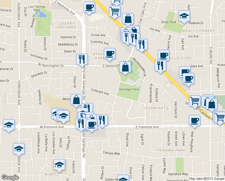 map of restaurants, bars, coffee shops, grocery stores, and more near 455 Crescent Avenue in Sunnyvale
