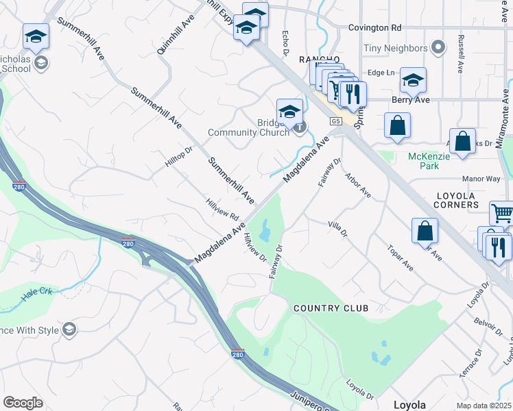 map of restaurants, bars, coffee shops, grocery stores, and more near 24078 Summerhill Avenue in Los Altos Hills