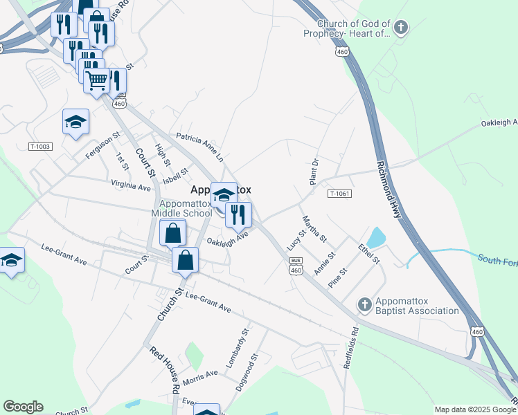 map of restaurants, bars, coffee shops, grocery stores, and more near 1386 Confederate Boulevard in Appomattox