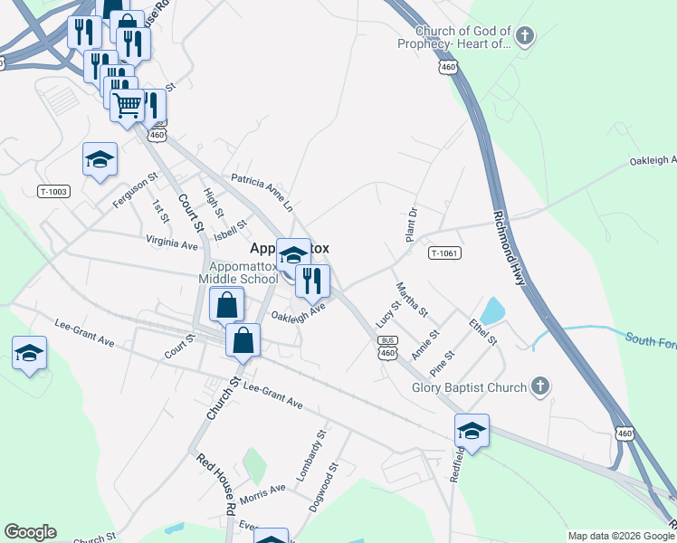 map of restaurants, bars, coffee shops, grocery stores, and more near 1386 Confederate Boulevard in Appomattox