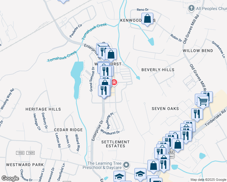 map of restaurants, bars, coffee shops, grocery stores, and more near 509 Wyndhurst Drive in Lynchburg