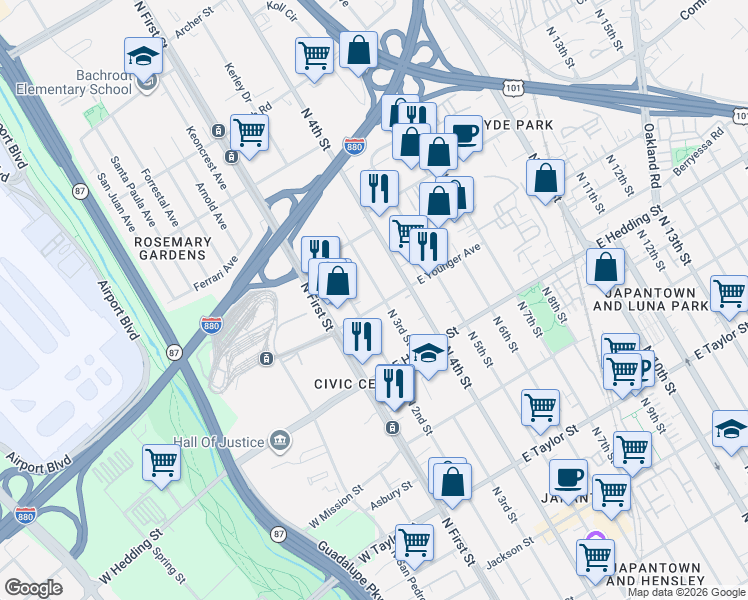 map of restaurants, bars, coffee shops, grocery stores, and more near 57 East Younger Avenue in San Jose