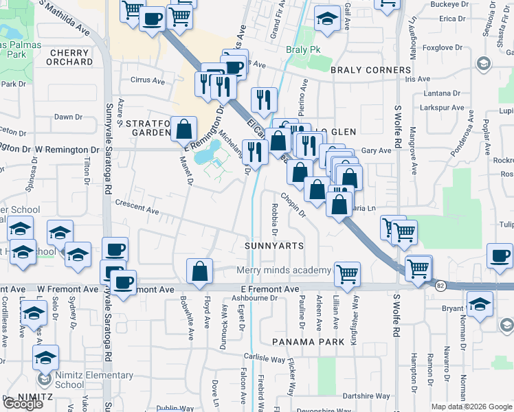 map of restaurants, bars, coffee shops, grocery stores, and more near 1046 Michelangelo Drive in Sunnyvale