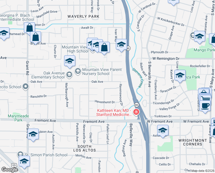 map of restaurants, bars, coffee shops, grocery stores, and more near 1432 Fallen Leaf Lane in Los Altos