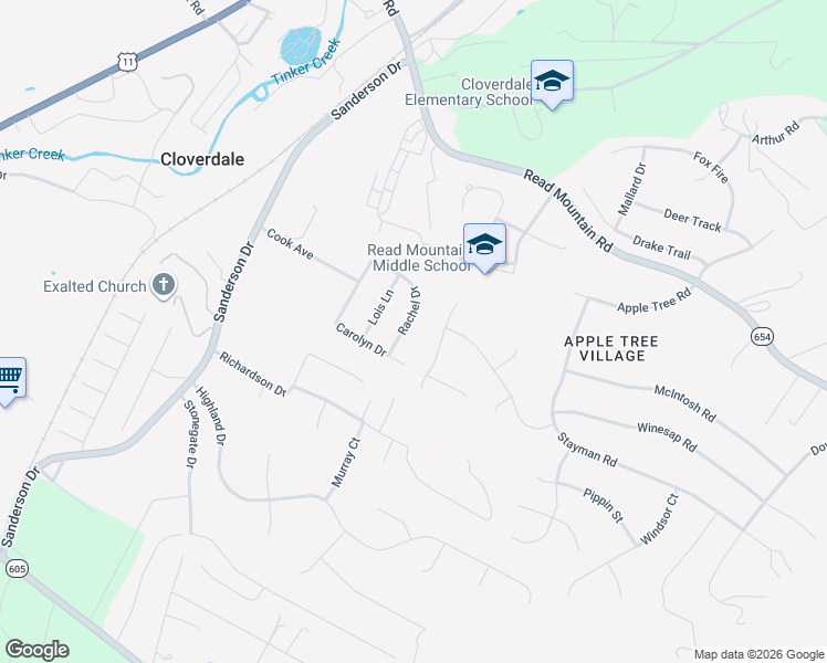 map of restaurants, bars, coffee shops, grocery stores, and more near 180 Apple Lane in Roanoke
