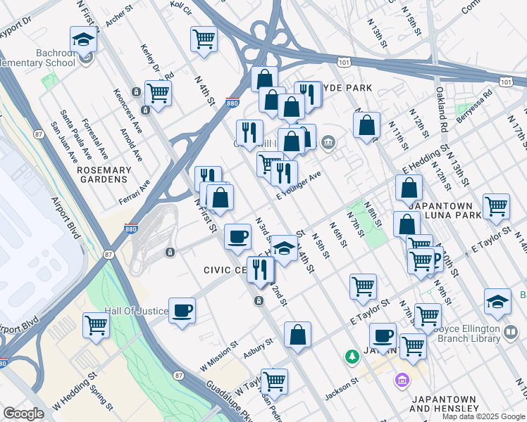 map of restaurants, bars, coffee shops, grocery stores, and more near 120 East Younger Avenue in San Jose