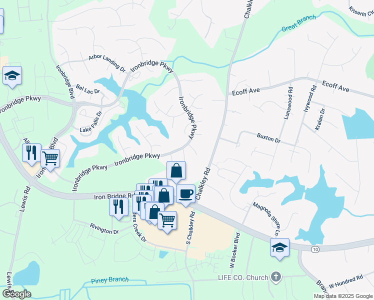 map of restaurants, bars, coffee shops, grocery stores, and more near 11801 Brentwood Arbor Court in Chester