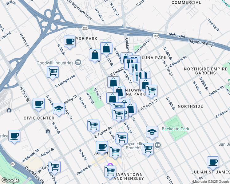 map of restaurants, bars, coffee shops, grocery stores, and more near 817 North 10th Street in San Jose