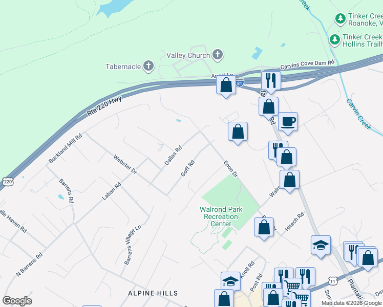 map of restaurants, bars, coffee shops, grocery stores, and more near 7008 Goff Rd in Roanoke