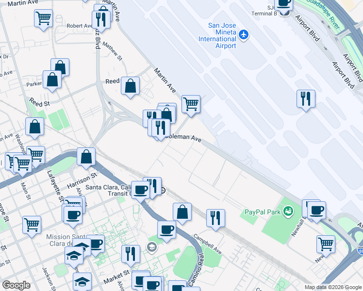 map of restaurants, bars, coffee shops, grocery stores, and more near 1205 Coleman Ave in Santa Clara