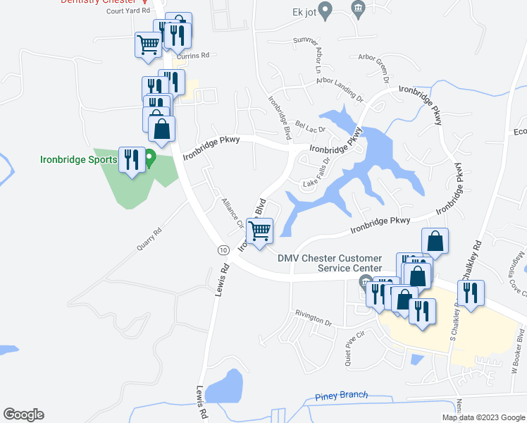 map of restaurants, bars, coffee shops, grocery stores, and more near 6898 Arbor Lake Drive in Chester