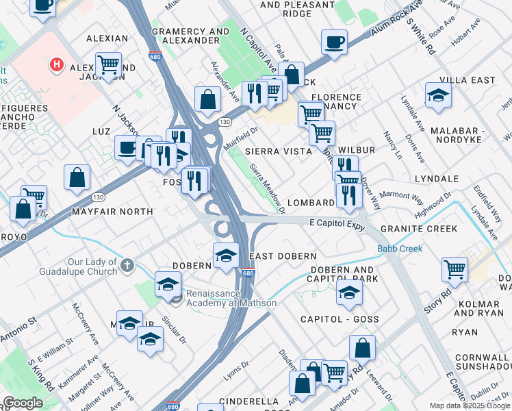map of restaurants, bars, coffee shops, grocery stores, and more near 241 Muirfield Dr in San Jose