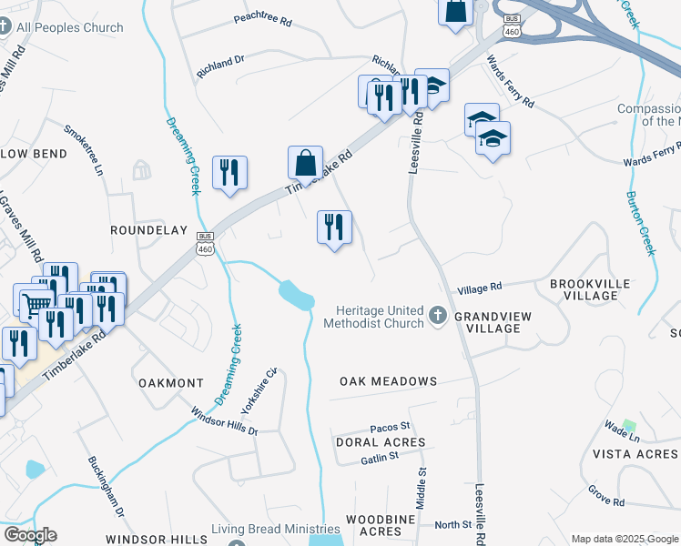 map of restaurants, bars, coffee shops, grocery stores, and more near 1003 Misty Mountain Road in Lynchburg