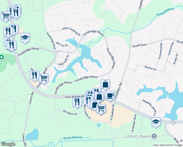 map of restaurants, bars, coffee shops, grocery stores, and more near 11718 Drayton Landing Drive in Chester