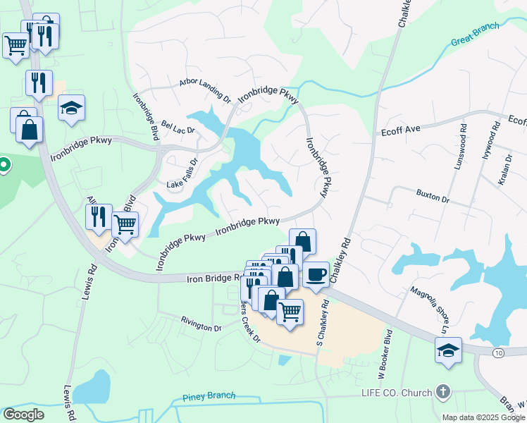 map of restaurants, bars, coffee shops, grocery stores, and more near 11718 Drayton Landing Drive in Chester