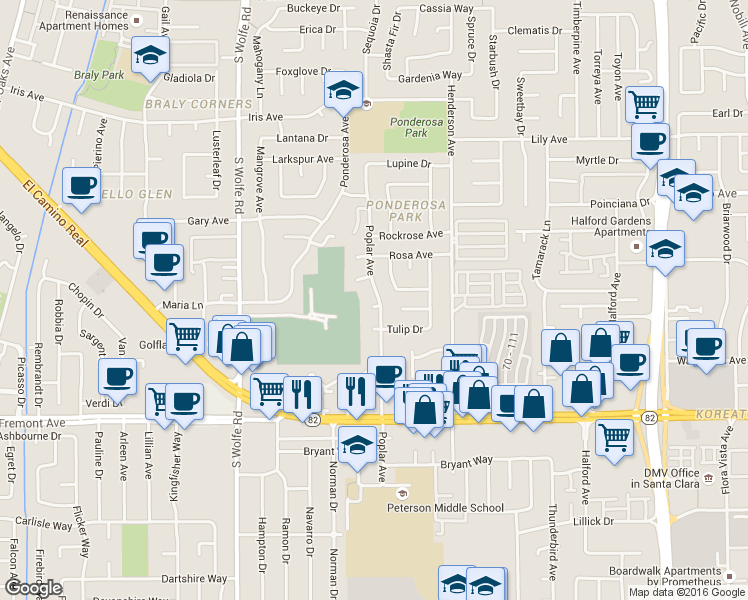 map of restaurants, bars, coffee shops, grocery stores, and more near 999 Poplar Court in Sunnyvale