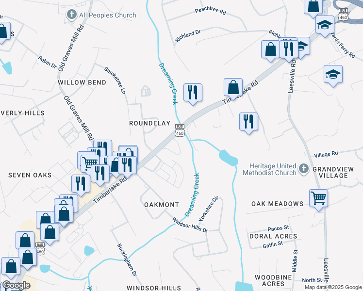 map of restaurants, bars, coffee shops, grocery stores, and more near 7500 Timberlake Road in Lynchburg