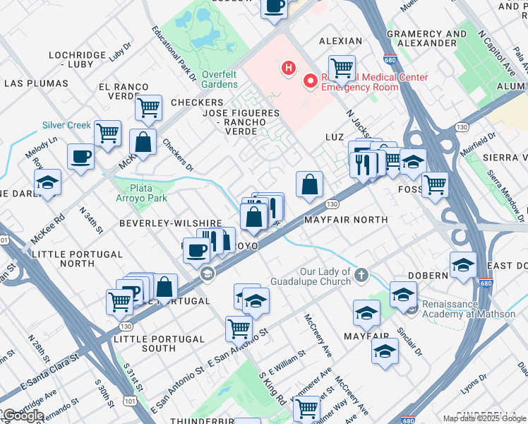 map of restaurants, bars, coffee shops, grocery stores, and more near in San Jose