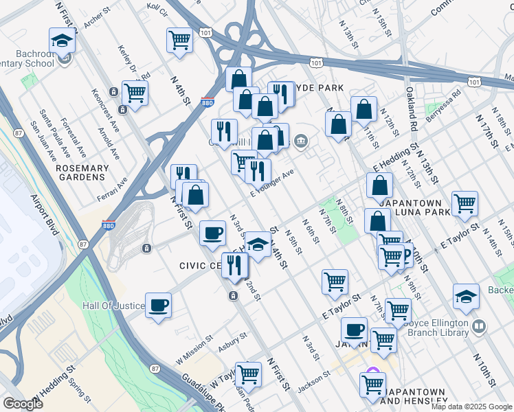 map of restaurants, bars, coffee shops, grocery stores, and more near 947 North 5th Street in San Jose