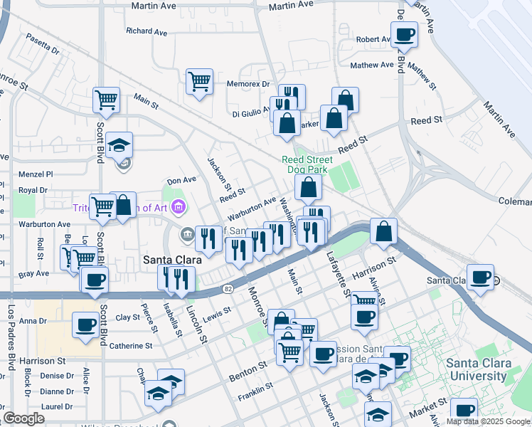 map of restaurants, bars, coffee shops, grocery stores, and more near 1730 Main Street in Santa Clara