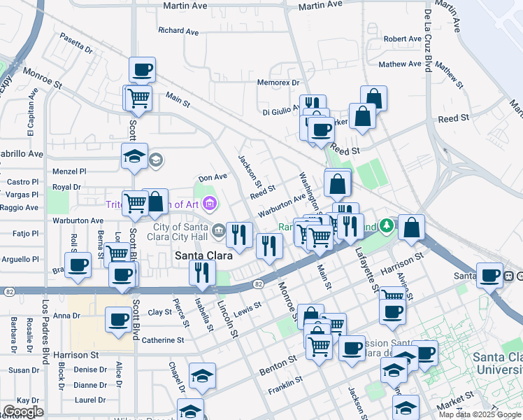 map of restaurants, bars, coffee shops, grocery stores, and more near 1232 Warburton Avenue in Santa Clara
