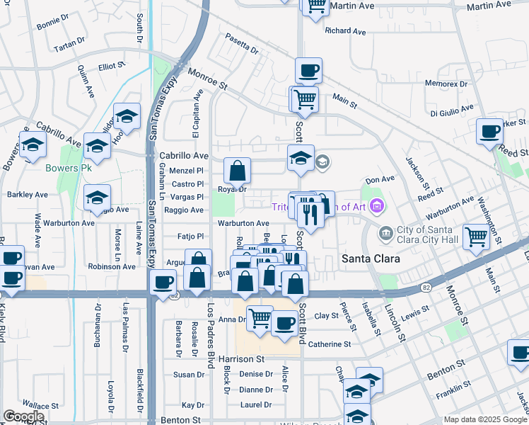 map of restaurants, bars, coffee shops, grocery stores, and more near 2133 Warburton Avenue in Santa Clara