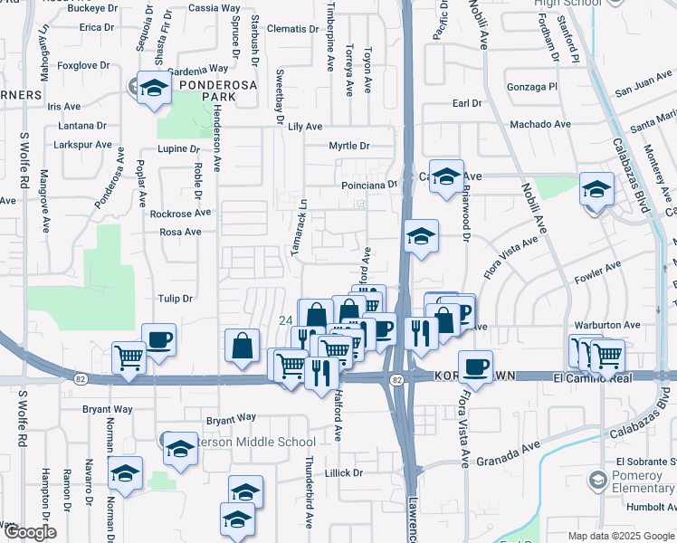 map of restaurants, bars, coffee shops, grocery stores, and more near 3760 Tamarack Lane in Santa Clara