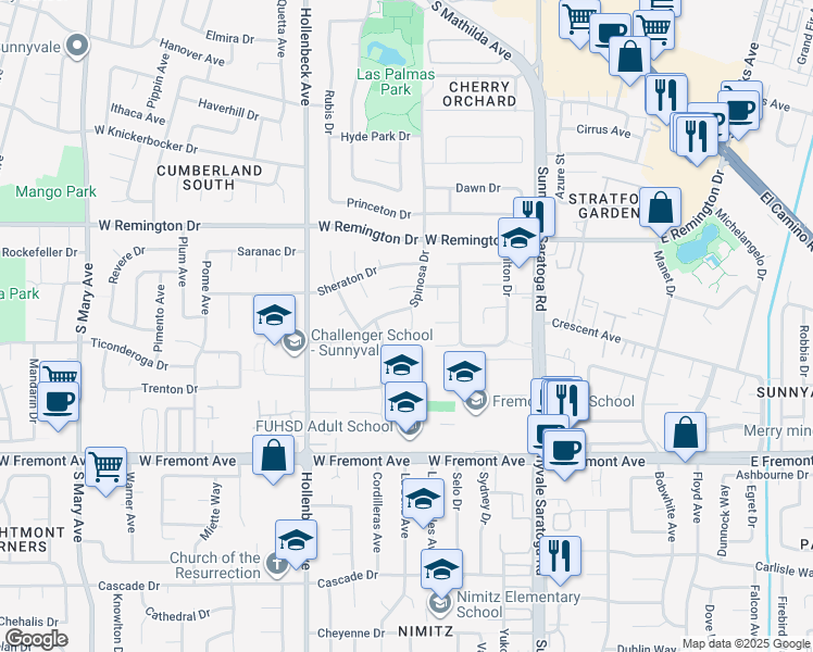 map of restaurants, bars, coffee shops, grocery stores, and more near 1152 Snowberry Court in Sunnyvale