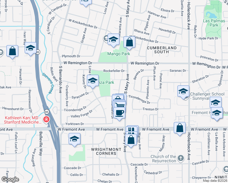 map of restaurants, bars, coffee shops, grocery stores, and more near 961 Ticonderoga Drive in Sunnyvale