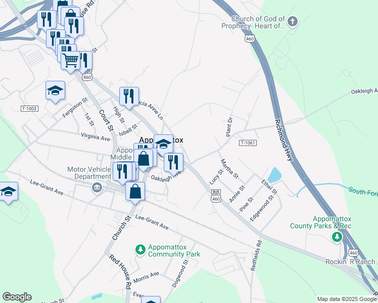 map of restaurants, bars, coffee shops, grocery stores, and more near 1386 Confederate Boulevard in Appomattox