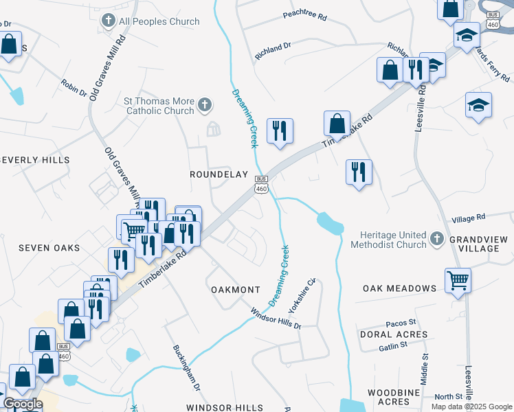 map of restaurants, bars, coffee shops, grocery stores, and more near 7331 Timberlake Road in Lynchburg