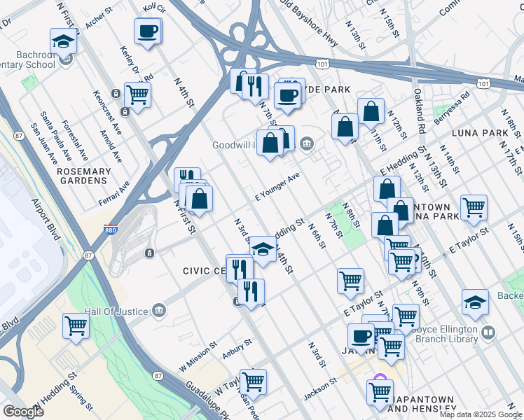 map of restaurants, bars, coffee shops, grocery stores, and more near 947 North 5th Street in San Jose