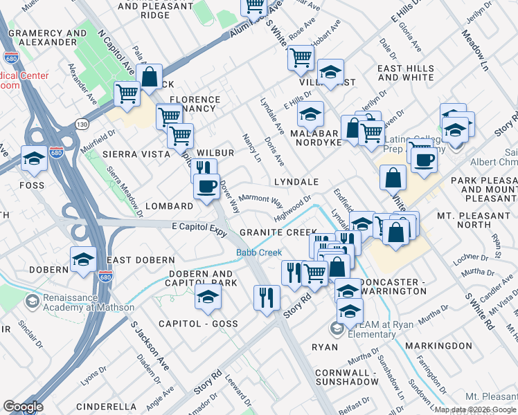 map of restaurants, bars, coffee shops, grocery stores, and more near 13565 Highwood Drive in San Jose