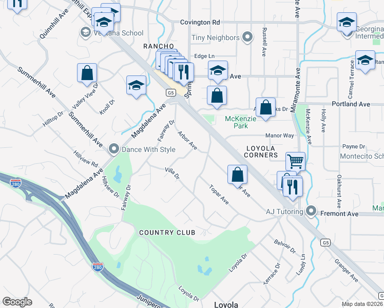 map of restaurants, bars, coffee shops, grocery stores, and more near 740 Greenview Place in Los Altos
