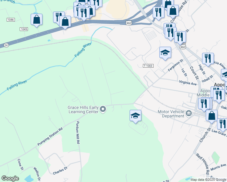 map of restaurants, bars, coffee shops, grocery stores, and more near 208 Crosstie Road in Appomattox