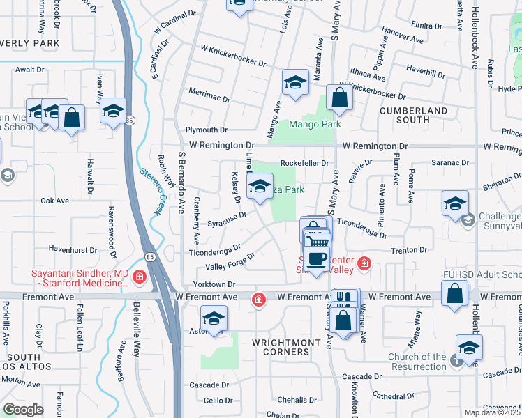 map of restaurants, bars, coffee shops, grocery stores, and more near 1196 Lime Drive in Sunnyvale