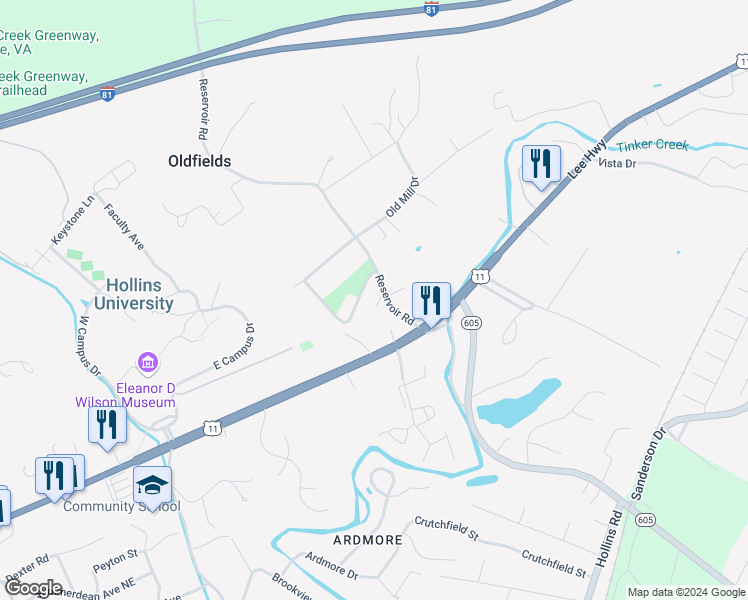 map of restaurants, bars, coffee shops, grocery stores, and more near 8229 Emerald Court Drive in Hollins